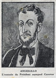 イタリアの無政府主義者（1871-1897）で、スペイン評議会議長アントニオ・カノバス・デル・カスティージョ（1828-1897）を暗殺したミケーレ・アンジョリーロ・ロンバルディ（ホセ・サンツまたはリナルディーニ）の肖像。"L
