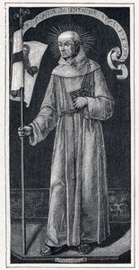 イタリアのフランシスコ会士、カピストランの聖ヨハネ（Giovanni da Capestrano）（1386-1456）の肖像。15世紀に描かれたバルトロメオ・ヴィヴァリーニの作品より。Louis-Eugene (Louis Eugene) Louvetによる「Les Missions Catholiques au XIXeme Siecle」に掲載された版画。 作： Anonymous Anonymous
