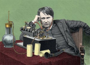 アメリカの物理学者トーマス・エジソン（1847-1931）と蓄音機の肖像。1900年頃のエングレーヴィング。