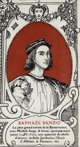 イタリア・ルネッサンス期の画家、ラファエロ（Raffaello Sanzio 1483-1520）の肖像。1914年のエングレーヴィング。個人蔵。 作： Anonymous Anonymous