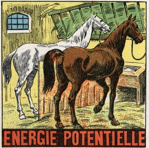 位置エネルギー：馬小屋で休む馬たち。1925年の匿名のイラスト。個人蔵。 作： Anonymous Anonymous