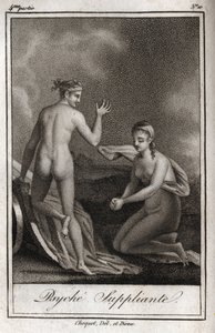 物乞いをするプシュケ。チャールズ・アルベール・ドゥムスティエ（1760-1801）の『Lettres a Emilie sur la mythologie』に掲載された1819年のエングレーヴィング。個人蔵。 作： Anonymous Anonymous