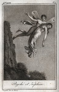 ゼファーに連れ去られるプシュケ。Charles Albert Demoustier (1760-1801)の「Lettres a Emilie sur la mythologie」に掲載された1819年の版画。個人蔵。 作： Anonymous Anonymous