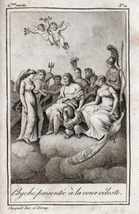天空の宮廷に差し出されたプシュケ。シャルル・アルバート・ドゥムスティエ（1760-1801）の『Lettres a Emilie sur la mythologie』に掲載された1819年のエングレーヴィング。個人蔵。 作： Anonymous Anonymous