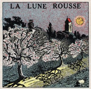 放射線と導電性：光が花のつぼみを燃やす赤い月。1925年の匿名のイラスト。個人蔵。 作： Anonymous Anonymous