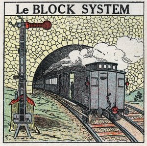 鉄道：大都市周辺では衝突を避けるためにブロックシステムが使われている。1925年の匿名のイラスト。個人蔵。 作： Anonymous Anonymous