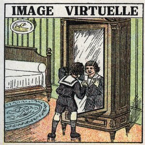 光の反射：バーチャルイメージ。鏡に映った自分の姿を見つめる子供。1925年の匿名のイラスト。個人蔵。 作： Anonymous Anonymous