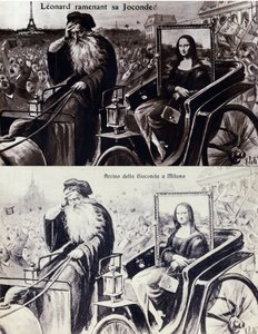 レオナルド・デ・ヴィンチ（レオナルド・ダ・ヴィンチ）（1452-1519）が、1911年8月21日に起こったヴィンチェンツォ・ペルッジア（1881-1925）による作品の盗難の後、作品「モナリザ」（Mona Lisa, Monna Lisa）を持ち帰る様子を表現したもの。お笑いポストカード 作： Anonymous Anonymous