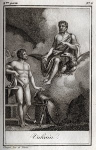 火と鍛冶屋と火山の神、ヴァルカンの表現。(火と火山の神、ヴァルカン)Charles Albert Demoustier (1760-1801)の "Lettres a Emilie sur la mythologie "の中の1819年のエングレーヴィング。個人蔵。 作： Anonymous Anonymous