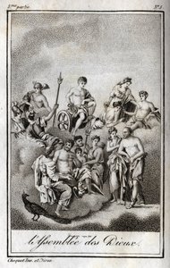 オリンポス山での神々の集会、または12人のオリンポスの神々を表したもの。Charles Albert Demoustier（1760-1801）の「Lettres a Emilie sur la mythologie」に掲載された1819年のエングレーヴィング。個人蔵。 作： Anonymous Anonymous
