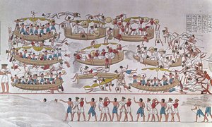 ラムセス3世のアルメエスと海の民とのナイル・デルタの戦いの表現」 エジプト、メディネト・ハボウの葬祭神殿のレリーフより 作： Anonymous Anonymous