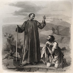 オストロゴスの王トティラ（6世紀）を迎えるヌルシアの聖ベネディクト。1846年の「Lives of the saints」に掲載された版画。個人蔵。 作： Anonymous Anonymous