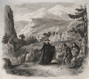 聖フランソワ・ド・サレス(Saint Francois de Sales) (1567-1622)、司牧訪問中のジュネーヴの前夜祭。1846年の「Lives of the saints」に掲載されたエングレーヴィング。個人蔵。