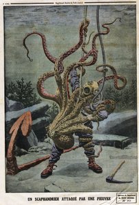 タコに襲われるスカウトマン。1912年6月16日、「Le petit Journal」誌に掲載された版画。個人蔵。 作： Anonymous Anonymous