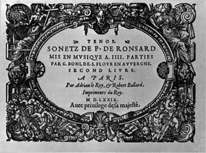 フランスの詩人ピエール・ド・ロンサール（1524-1585）のソネットをギヨーム・ボニが音楽化した第2巻。パリ 1579年 作： Anonymous Anonymous