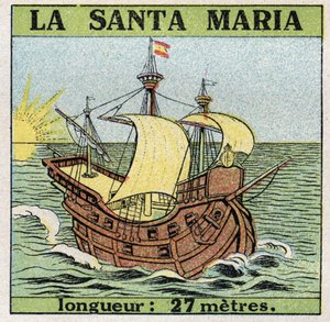 船と船。1492年にクリストファー・コロンブス（1451-1506）がアメリカを発見したときのカラベル、サンタ・マリア。1925年の匿名のイラスト。個人蔵。 作： Anonymous Anonymous