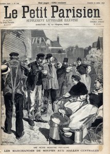 パリの小さな産業：中央市場のスープ商人。エングレービング。1892年7月31日の新聞 "Le petit parisien "に掲載されたもの。個人蔵
