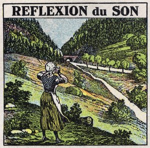 音のエネルギー：エコー現象による音の反射。1925年の匿名のイラスト。個人蔵。 作： Anonymous Anonymous