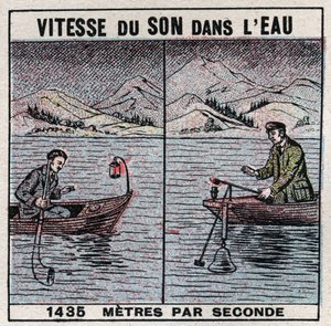 音響エネルギー：水中の音速。ジャン・ダニエル（Jean-Daniel）コラドン（1802-1893）とシャルル・フランソワ・シュトゥルム（1803-1855）が1826年から1827年にかけてレマン湖（Leman Lake）で行った実験。14km離れた場所に係留された2つのボートのうち、1つのボートはベルを支え、ハンマーのh 作： Anonymous Anonymous