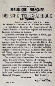 レオン・ガンベッタによる1870年9月12日のトゥールの電報ニュース。