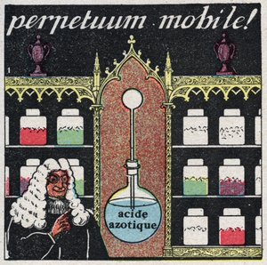 温度と膨張：16世紀に薬屋が使用した最初の温度計「mobile perpetuum」。1925年の匿名のイラスト。個人蔵。
