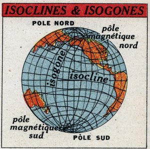地球上の磁気。アイソクリンとアイソゴンを示す磁気地図。1925年の匿名のイラスト。個人蔵。 作： Anonymous Anonymous