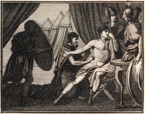 エパミノンダスの死（紀元前362年、マンティネイアでのスパルタ軍との戦いの後）。1816年「The Rollin of Youth or Selected Pieces of Ancient and Roman Stories」からのエングレーヴィング。個人蔵。