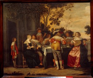 カードゲーム「The Gallant Scene」には、数人のプレイヤーとミュージシャンが登場します。匿名の絵画。17世紀 リール、ボザール美術館（Musee des Beaux Arts 作： Anonymous Anonymous