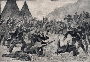 アメリカで起きたインディアンの反乱：スー族インディアンとアメリカ軍の戦い。1891年の "Le petit Parisien "に掲載された版画。個人蔵。