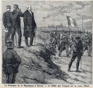 共和国大統領フェリックス・フォール(1841-1899)がヴェルダン(ムーズ)を訪問：エタンの道の軍事学校の防壁。"Le Petro Parisien "に掲載された版画 作： Anonymous Anonymous