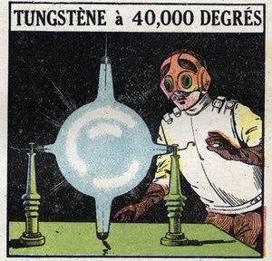 原子と科学：タングステンの細線を40,000度まで揮発させて溶解する試み。1925年の匿名のイラスト。個人蔵。 作： Anonymous Anonymous