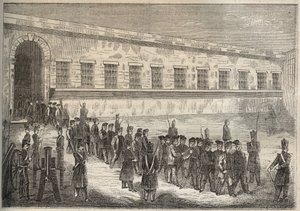 19世紀のロシュフォールのバッグン。ピエール・ザッコーネ（1817-1895）の「Histoire des bagnes depuis leur création à nos jours」（1877年）に掲載された版画（コロニア・ペナーレ＝流刑地）。個人蔵。 作： Anonymous Anonymous