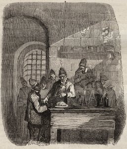 19世紀のブレストのバッグンの水筒。ピエール・ザッコーネ（1817-1895）の「Histoire des bagnes depuis leur création à nos jours」（1877年）に掲載されている版画（Colonia Penale - Penal colony）。個人蔵。