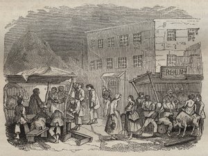 19世紀のロシュフォールのバッグンの水筒。ピエール・ザッコーネ（1817-1895）の「Histoire des bagnes depuis leur création à nos jours」（1877年）に掲載されている版画（コロニア・ペナーレ-流刑地） 個人蔵。