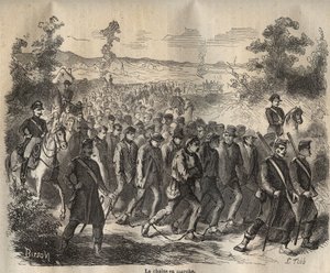 19世紀にトゥーロンのバッグンで始まったチェーン。ピエール・ザッコーネ（1817-1895）の「Histoire des bagnes depuis leur création à nos jours」（1877年）に掲載されている版画（Colonia Penale - Penal colony）。個人蔵。 作： Anonymous Anonymous