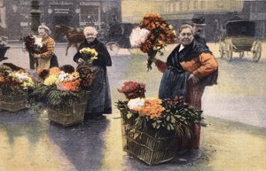クリサンテーム・パーティ：街角のクリサンテーム・マーチャント。エングレービング。1910年11月20日の新聞 "Le petit parisien "に掲載されたもの。個人蔵。 作： Anonymous Anonymous