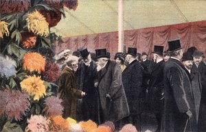 クリサンテーム・パーティー：クリサンテームの公式展示会。エングレーヴィング。1910年11月20日の新聞 "Le petit parisien "に掲載されたもの。個人蔵。 作： Anonymous Anonymous