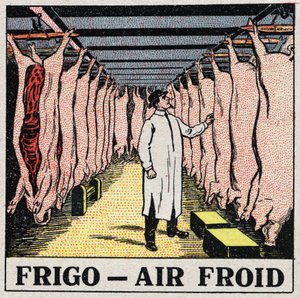 コールドインダストリー：冷蔵庫での肉の保管。1925年の匿名のイラスト。個人蔵。 作： Anonymous Anonymous
