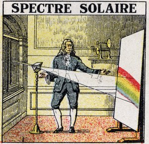 色：アイザック・ニュートン（1642-1727）が研究した太陽スペクトル。1925年の匿名のイラスト。個人蔵。 作： Anonymous Anonymous
