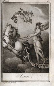 夜明け（アポロが太陽の戦車を導く）。日の出のアレゴリー。Charles Albert Demoustier（1760-1801）の「Lettres a Emilie sur la mythologie」に掲載された1819年のエングレーヴィング。個人蔵。 作： Anonymous Anonymous