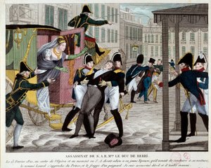 ベリー公シャルル・フェルディナン・ド・ブルボン（1778-1820）の死 1820年2月13日 王立音楽院の出口にて 国王ルイ18世の甥であるシャルル・フェルディナン・ド・ブルボンは、王室を潰そうとした共和主義者ルーヴェルによってオペラ座で暗殺された。エングレーヴィ