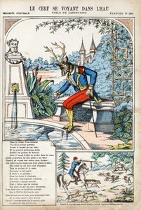 水の中に自分の姿を見る鹿たち。Jean de LA FONTAINE（ラフォンテーヌ）（1621-1695）の「寓話」のための匿名の挿絵。1880年頃、ポン・ア・ムソンの画像。個人蔵。