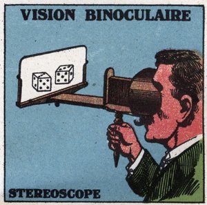 目：両眼視。ステレオスコープを使って浮き彫りにして見る。1925年の匿名のイラスト。個人蔵。 作： Anonymous Anonymous