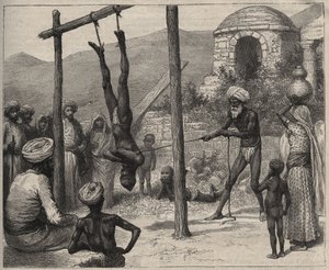 インドのファキール - インドのファキール（Faquir） - inは木の棒に足で吊るされていた - "Journal des voyages "の1892年の彫刻。 作： Anonymous Anonymous