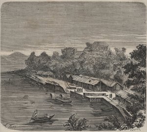 19世紀、カイエン（仏領ギアナ）のサン・ローラン刑務官（Penicitencier Saint-Laurent）。ピエール・ザッコーネ（1817-1895）の『Histoire des bagnes depuis leur création à nos jours』（1877年）に掲載されている版画（コロニア・ペナーレ：流刑地）。 作： Anonymous Anonymous