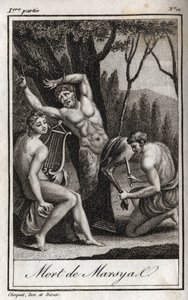 マルシアスの罰または死（The Punishment of Marsyas）は、アポロンに竪琴を逆らったために罰せられ、ミダス王とミューズたちの前でアーチャーに棒で打たれる。シャルル著「Lettres a Emilie sur la mythologie」の1819年のエングレーヴィング。 作： Anonymous Anonymous