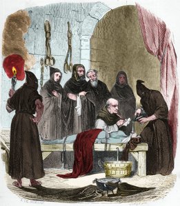 水の問題。Pedro (Pierre) de Arbues (1441-1442 - 1485)は、妹をルーテル派に転向させたとされる若い女性を拷問で尋問する。糸で縛られ、喉の奥に押し込まれた布に水が注がれる。 作： Anonymous Anonymous