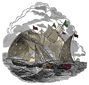 1695年9月、海賊ヘンリー・エブリ（ジョン・エイブリー、ロング・ベン、ベンジャミン・ブリッジマン）の船が、インドのスラテ沖で、ムガール帝国の大王アウランゼブ（アラムギル）の艦隊を襲った。 作： Anonymous Anonymous