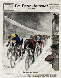 6日間のレース。ピート・ファン・ケンペン（1898-1985）、アルフレッド・グレンダ、セレス、モーリス・ブロッコ（1883-1965）がスプリント中。1922年4月16日付「Le Petit Journal illustre」に掲載された図版 作： Anonymous Anonymous