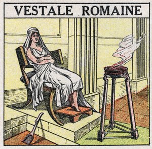 光の源：決して消してはならない聖なる火を維持するためのローマ帝国のヴェスタル。1925年の匿名のイラスト。個人蔵。 作： Anonymous Anonymous